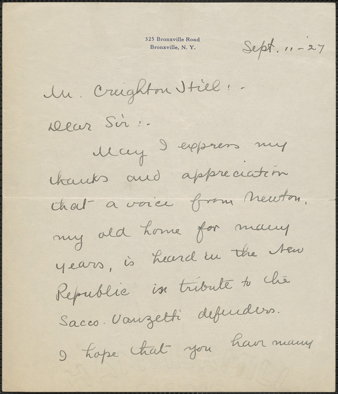 Abby B. Bates autograph note signed to Creighton [J.] Hill, Bronxville, N. Y., September 11, 1927