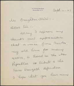Abby B. Bates autograph note signed to Creighton [J.] Hill, Bronxville, N. Y., September 11, 1927