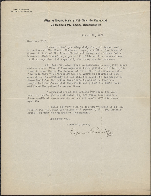 Spencer Burton (Mission House Society of St. John the Evangelist) typed letter signed to [Creighton J.] Hill, Boston, Mass., August 12, 1927