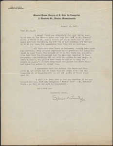 Spencer Burton (Mission House Society of St. John the Evangelist) typed letter signed to [Creighton J.] Hill, Boston, Mass., August 12, 1927