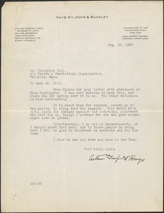 Arthur Garfield Hays typed letter to Creighton [J.] Hill, New York, N. Y., August 29, 1927