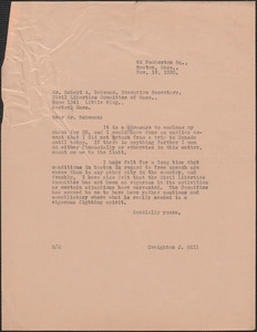 Creighton J. Hill typed letter (copy) to Robert A. Bakeman (Civil Liberties Committee of Massachusetts), Boston, Mass., November 18, 1930