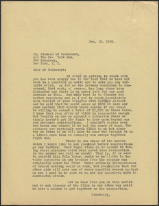 [Creighton J. Hill] typed letter (copy) to Richard De Rochemont (The New York Sun), [Boston, Mass.], December 16, 1929
