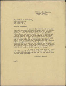 Creighton J. Hill typed letter (copy) to Richard [D]e Rochemont (The New York Sun), [Boston, Mass.], December 20, 1929