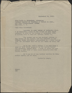 Creighton J. Hill typed letter (copy) to Calla M. Elferdink (Federal Council of Churches of Christ in America), Boston, Mass., September 22, 1927