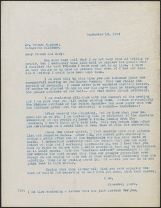 [Creighton J. Hill] typed letter (copy) to Powers and Mary Hapgood, [Boston, Mass.], September 10, 1929