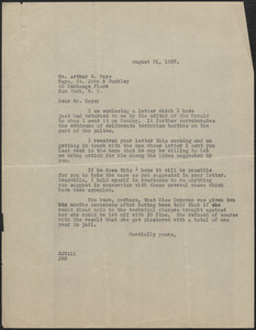Creighton J. Hill typed letter (copy) to Arthur G. Hays, [Boston, Mass.], August 31, 1927