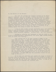 Creighton J. Hill typed letter (copy) to Editor, the [Boston Herald], Boston, Mass., August 29, 1927