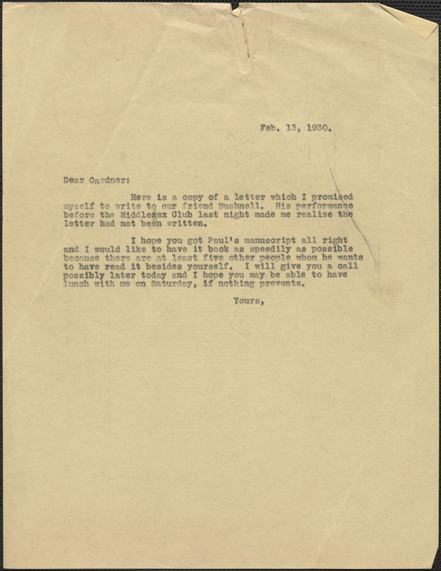 [Creighton J. Hill] typed letter (copy) to Gardner [Jackson, Boston Mass.], February 13, 1930