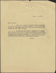 [Creighton J. Hill] typed letter (copy) to Gardner [Jackson, Boston Mass.], February 13, 1930