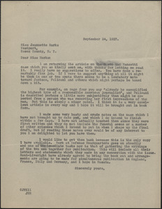 Creighton J. Hill typed letter (copy) to Jeanette Marks, [Boston, Mass.], September 24, 1927