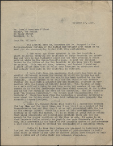 [Creighton J. Hill] typed letter (copy) to Oswald Garrison Villard (The Nation), Newton, Mass., October 17, 1927