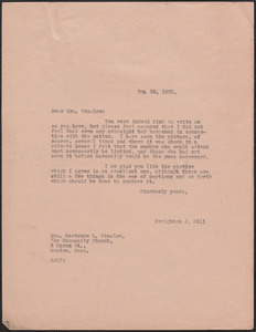 Creighton J. Hill typed letter (copy) to Gertrude L. Winslow (The Community Church), [Boston, Mass.], November 22, 1927
