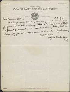 Alfred Baker Lewis (Socialist Party, New England District) autograph note signed to [Creighton J. Hill, Boston, Mass., August 6, 1929