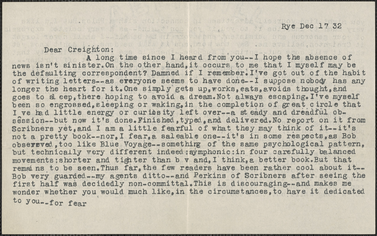 Janet typed letter signed to Creighton [J.] [Hill], Rye, N. Y., December 17, 1932