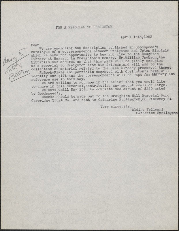Aldino Felicani and Catharine Huntington typed letter (circular) [Boston, Mass.], April 15, 1953