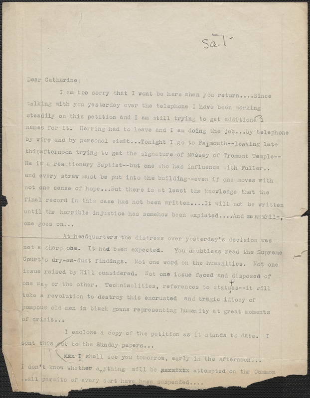 Typed letter (incomplete) to Catharine [Huntington, 1927?]