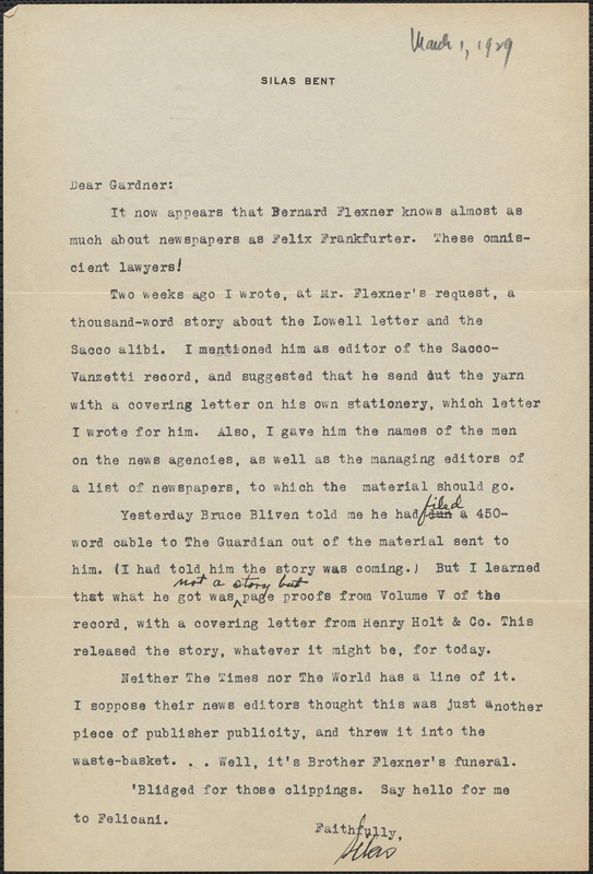 Silas Bent typed letter signed to Gardner [Jackson], March 1, 1929