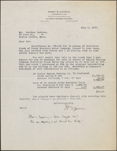 William S. Jackson typed letter signed to Gardner Jackson, Colorado Springs, Colo., July 7, 1927