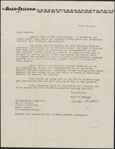 Sadie Ludlow (The Road to Freedom) typed letter signed (circular) to Gardner Jackson, New York, N. Y., June 20, 1929