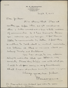 M. A. Musmanno autograph letter signed to [Gardner] Jackson, Philadelphia, Pa., September 8, 1927