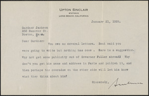 Upton Sinclair typed note signed to Gardner Jackson, Long Beach, Calif., January 21, 1929