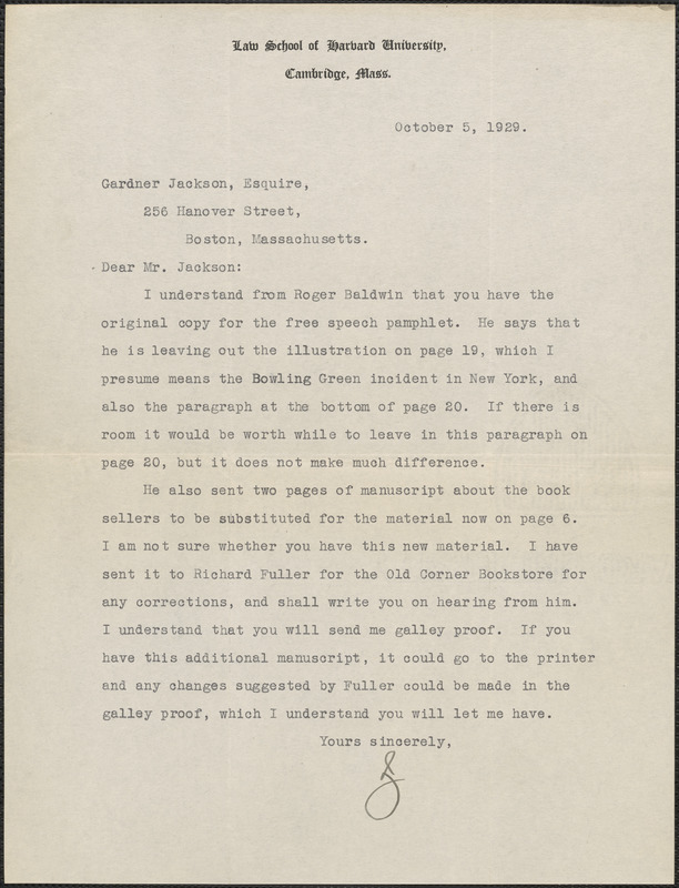 Typed letter signed to Gardner Jackson, Cambridge, Mass., October 5, 1929