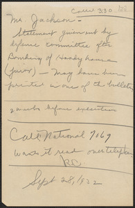 Autograph note signed to [Gardner] Jackson, [Boston, Mass.], September 28, 1932