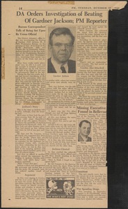 Newspaper clipping, October 17, 1944: DA orders investigation of beating of Gardner Jackson; PM Reporter