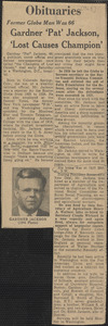 Newspaper clipping, obituary, [April 1965]: Gardner 'Pat' Jackson, 'lost causes champion'