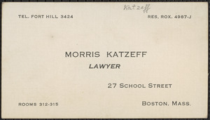 Morris Katzeff business card, Boston, Mass., [1921-1927]