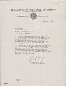 Alfred Baker Lewis (Socialist Party, New England District) typed letter signed to [Amleto] Fabbri, Boston, Mass., March 6, 1927