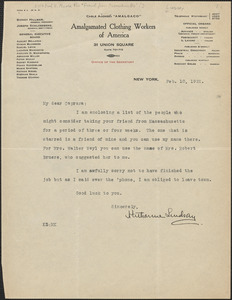 Katherine Lindsay (Amalgamated Clothing Workers of America) typed letter signed to Caprana, New York, N. Y., February 10, 1922