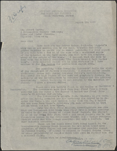 [Thomas O'Connor] (Citizens National Committee for Sacco and Vanzetti) typed letter signed to Albert Lanto, Boston, Mass., August 15, 1927