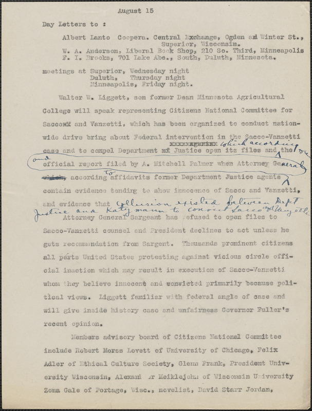 Typed letter (draft) to Albert Lanto, et al, [Minneapolis, Minn. ?], August 15, [1927]