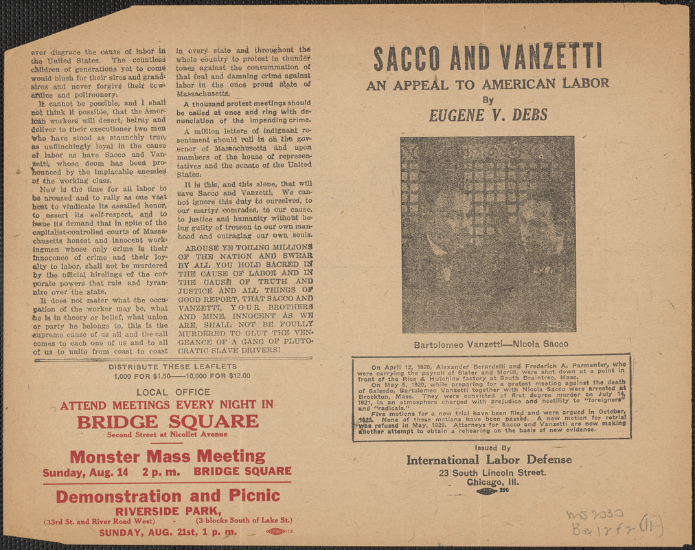 Eugene V. Debs printed leaflet, Chicago, Ill., [August 1927]: Sacco and Vanzetti, an appeal to American labor