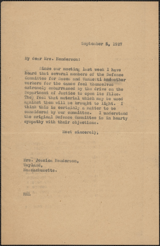 Robert Morss Lovett typed note to [Jessica?] Henderson, [New York, N. Y. ?], September 5, 1927