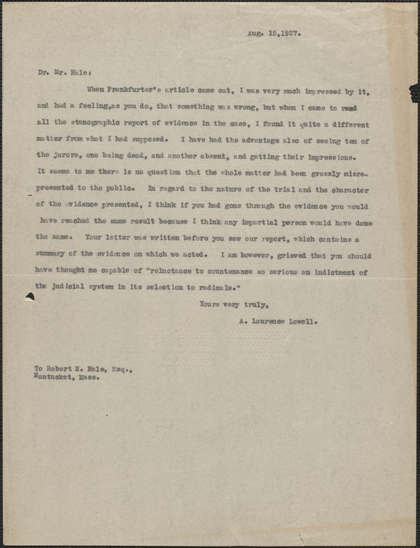 A. Lawrence Lowell typed letter (copy) to Robert Hale, [Cambridge, Mass.], August 15, 1927