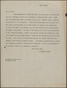 A. Lawrence Lowell typed letter (copy) to Robert Hale, [Cambridge, Mass.], August 15, 1927