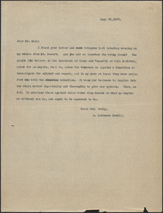 A. Lawrence Lowell typed letter (copy) to [Robert] Hale, [Cambridge, Mass.], August 29, 1927