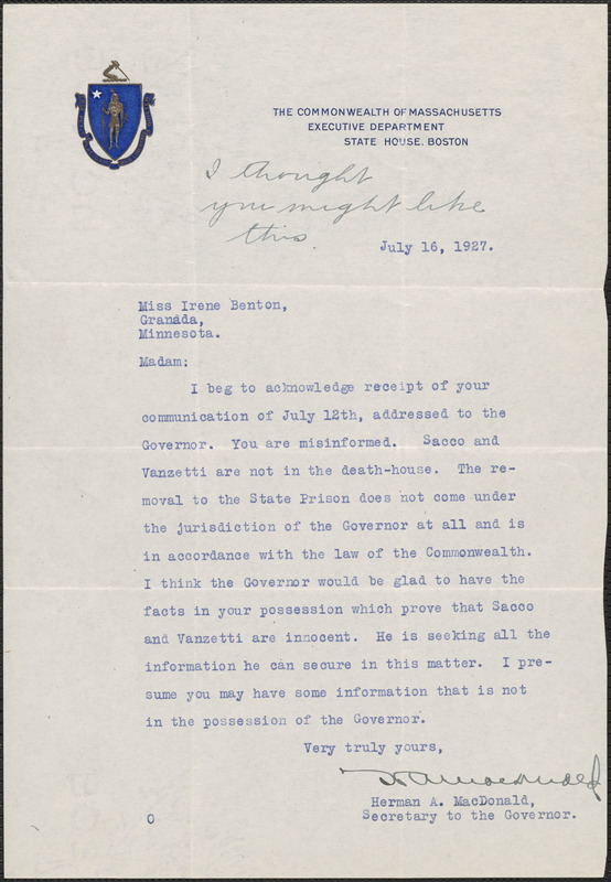 Herman A. MacDonald (Executive Department. Commonwealth of