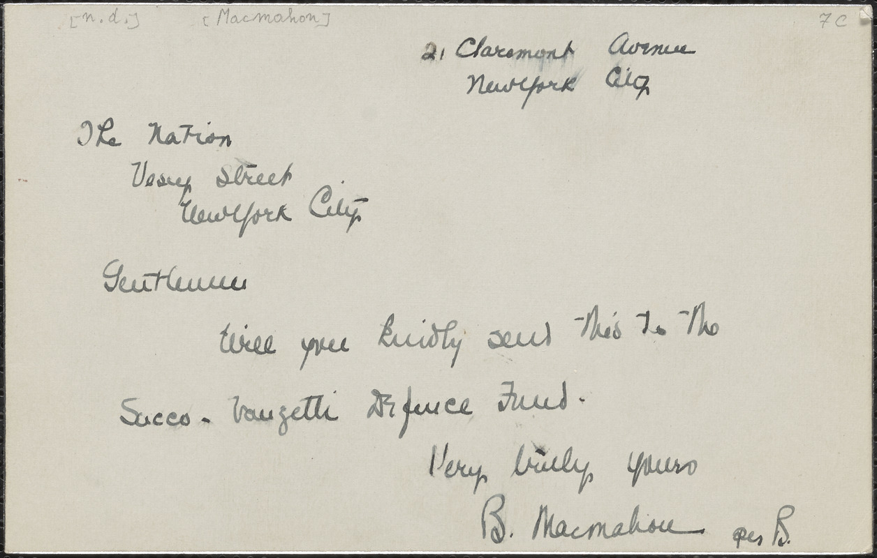 B. MacMahon typed note signed to The Nation, New York, N. Y., [1927?]