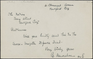 B. MacMahon typed note signed to The Nation, New York, N. Y., [1927?]