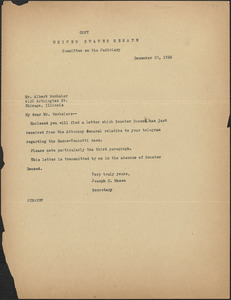 Joseph C. Mason (Committee on the Judiciary. United States Senate) typed note signed (copy) to Albert Wechsler, [Washington, D. C.], December 30, 1926