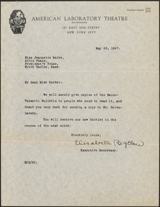 Elisabeth Bigelow (American Laboratory Theatre) typed letter signed to Jeannette Marks, New York, N. Y., May 25, 1927