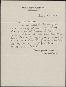 Autograph note signed to Jeannette Marks, Baltimore, Md., June 20, 1927