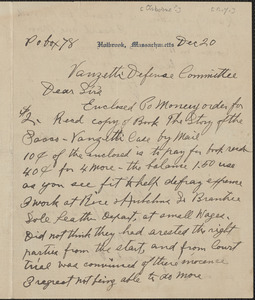 Wilmot V. Osborne autograph letter signed to [Sacco-] Vanzetti Defense Committee, Holbrook, Mass., December 20, [1920-1927]