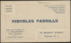 Nicholas Parrillo business card, Paterson, N. J., [1921-1927]