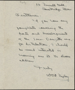 William P. Ripley autograph note signed to [Sacco-Vanzetti Defense Committee], Cambridge, Mass.