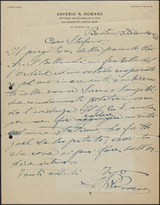 Saverio R. Romano autograph note signed, in Italian, to Stefano, Boston, Mass., December 13, 1920